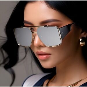 Square Sunglasses Gold Frame‎ Silver Mirror Lens Fashion Women Beach Street Wear